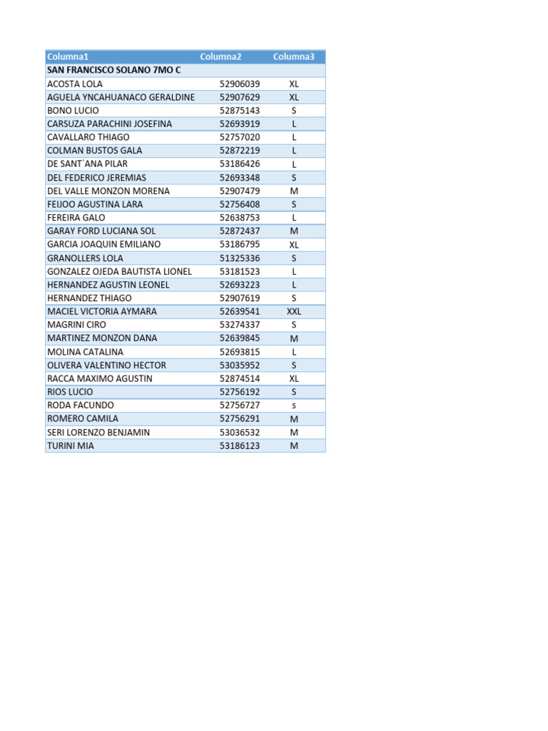 Student Size and ID List | PDF