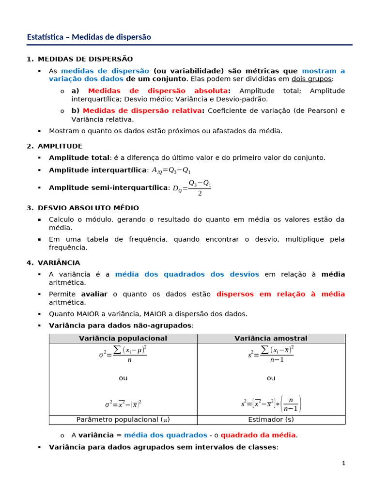 Medidas de Dispersão: Tipos e Cálculos | PDF | Variação | Coeficiente ...