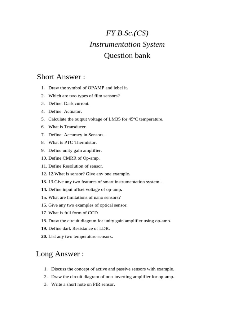 Instrumentation System Question Bank | PDF
