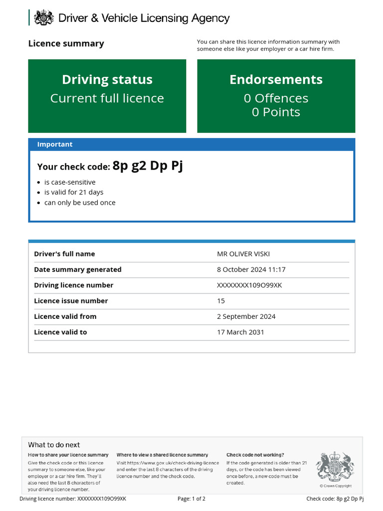 Driver Licence Summary for MR OLIVER VISKI | PDF