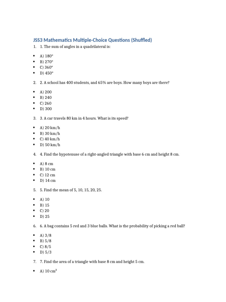 JSS3 Math Questions Shuffled | PDF
