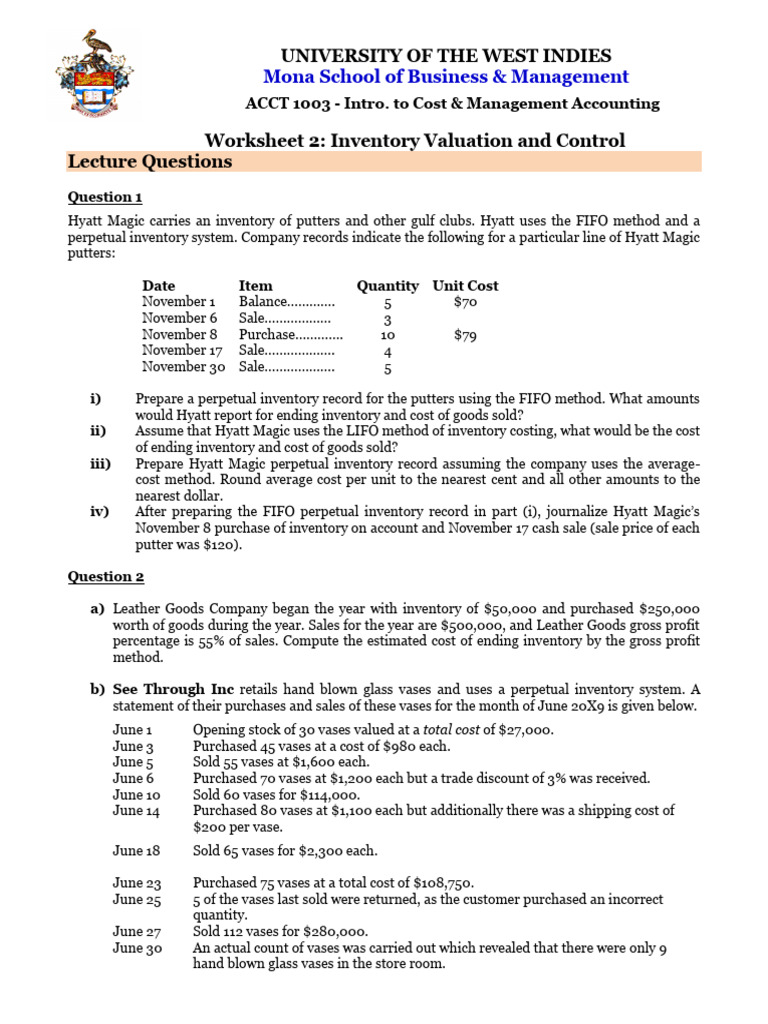 Work Sheet #2 - Inventory Valuation Control | PDF | Inventory | Cost Of ...