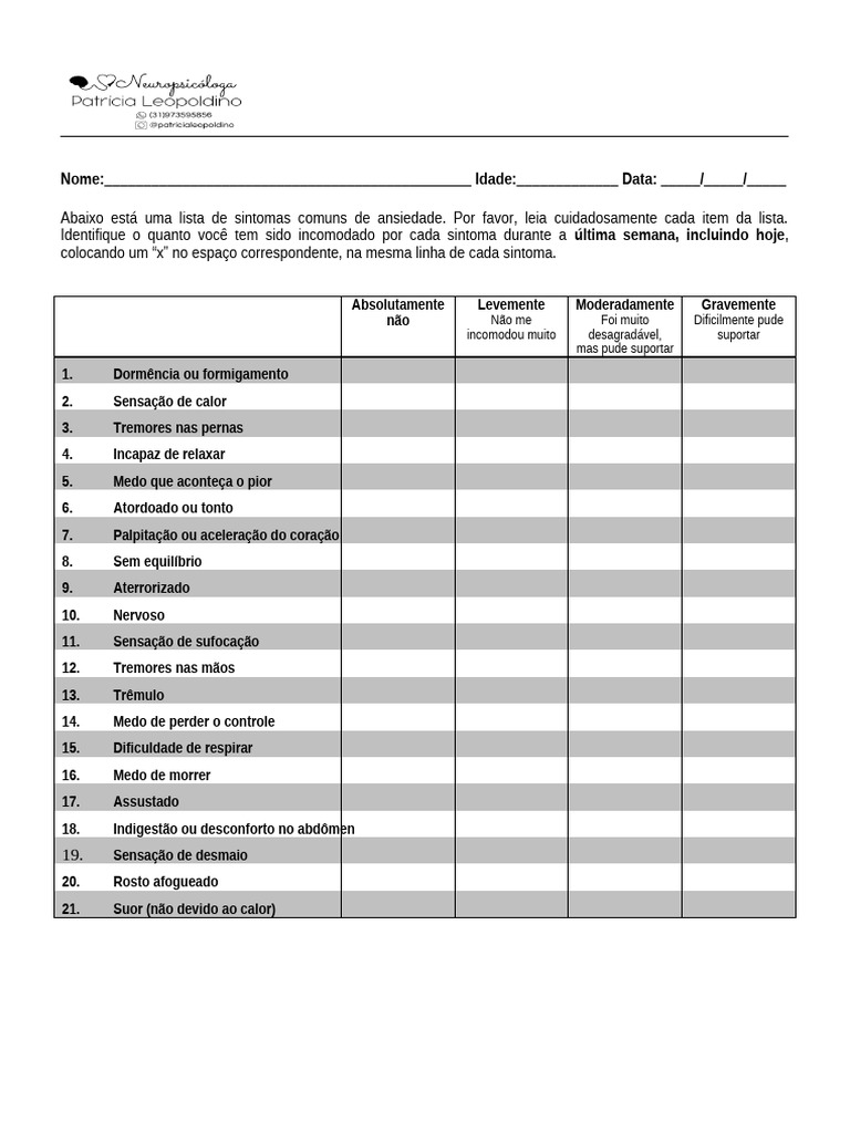 Sintomas Comuns de Ansiedade: Avaliação | PDF