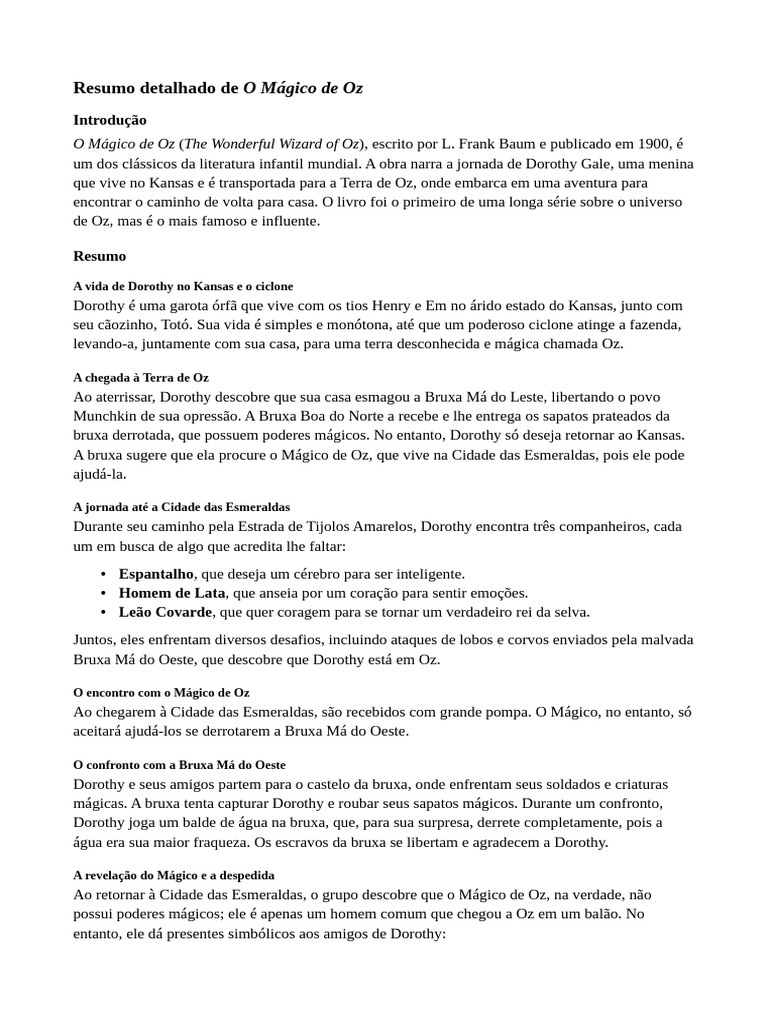 Resumo de O Mágico de Oz | PDF | Dorothy Gale | O Maravilhoso Mágico de Oz