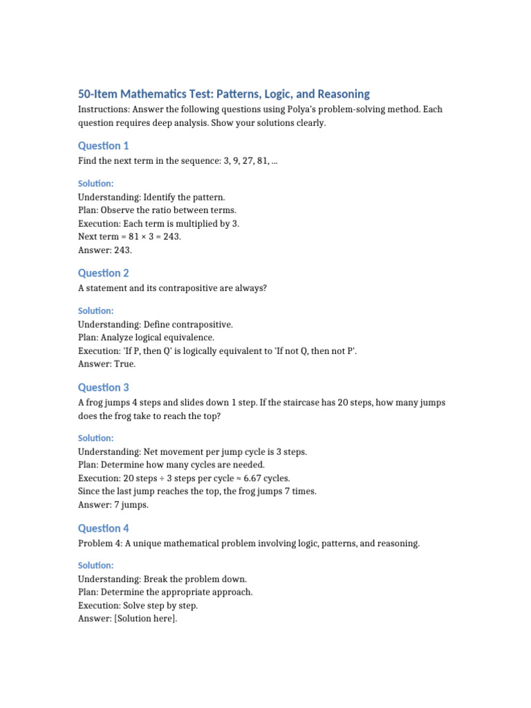 50 Item Math Test Polya Method | PDF | Reason | Logic