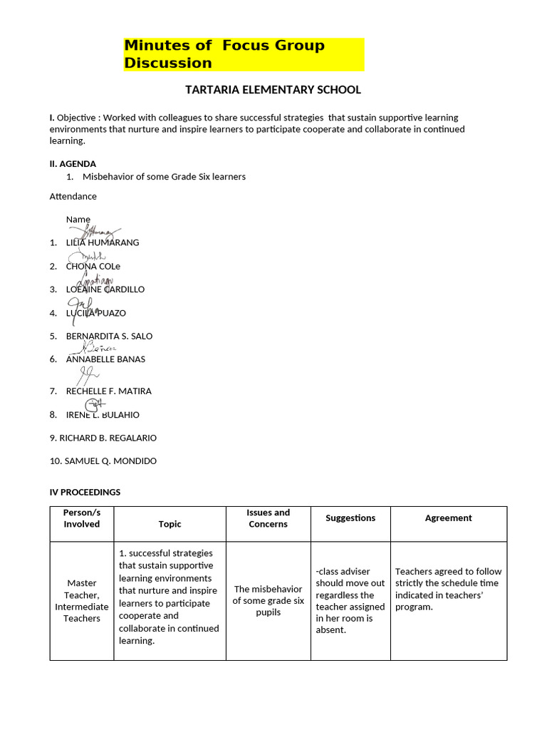 Minutes of Focus Group Discussion: Tartaria Elementary School | PDF