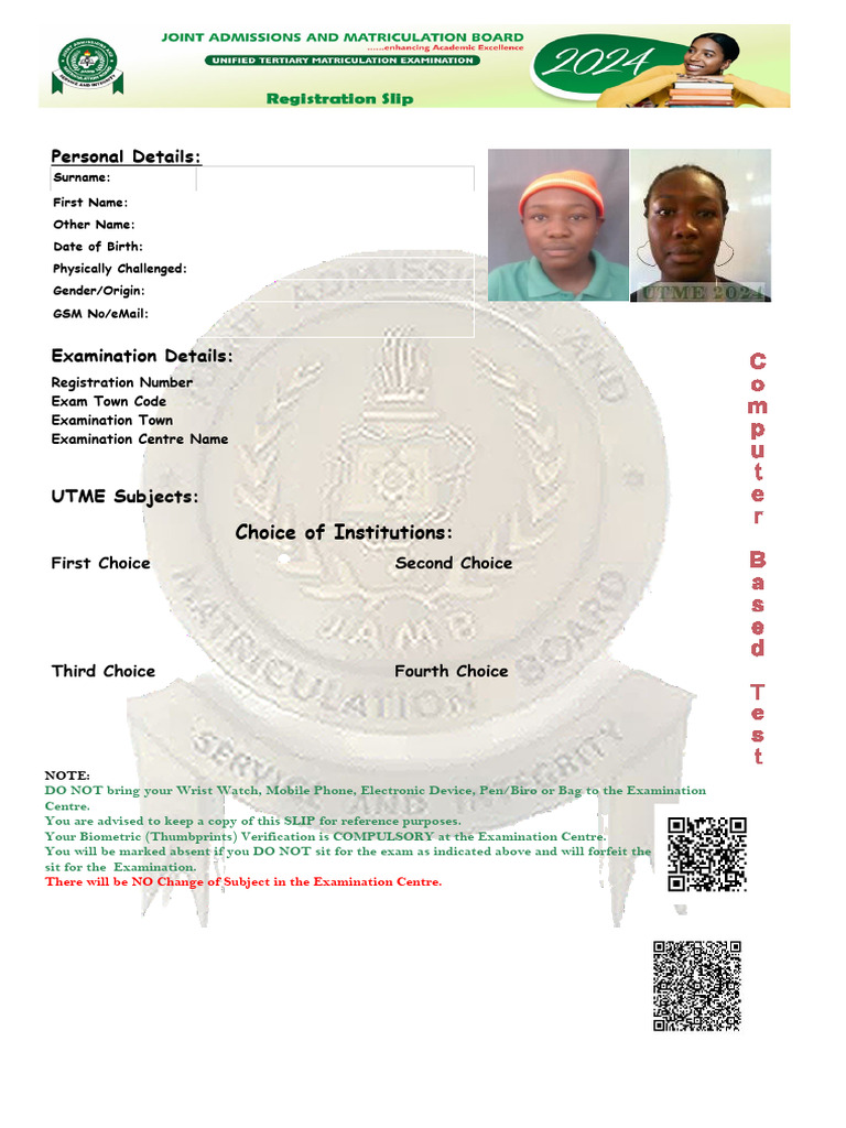 JAMB 2024 Registration and Exam Slip | PDF