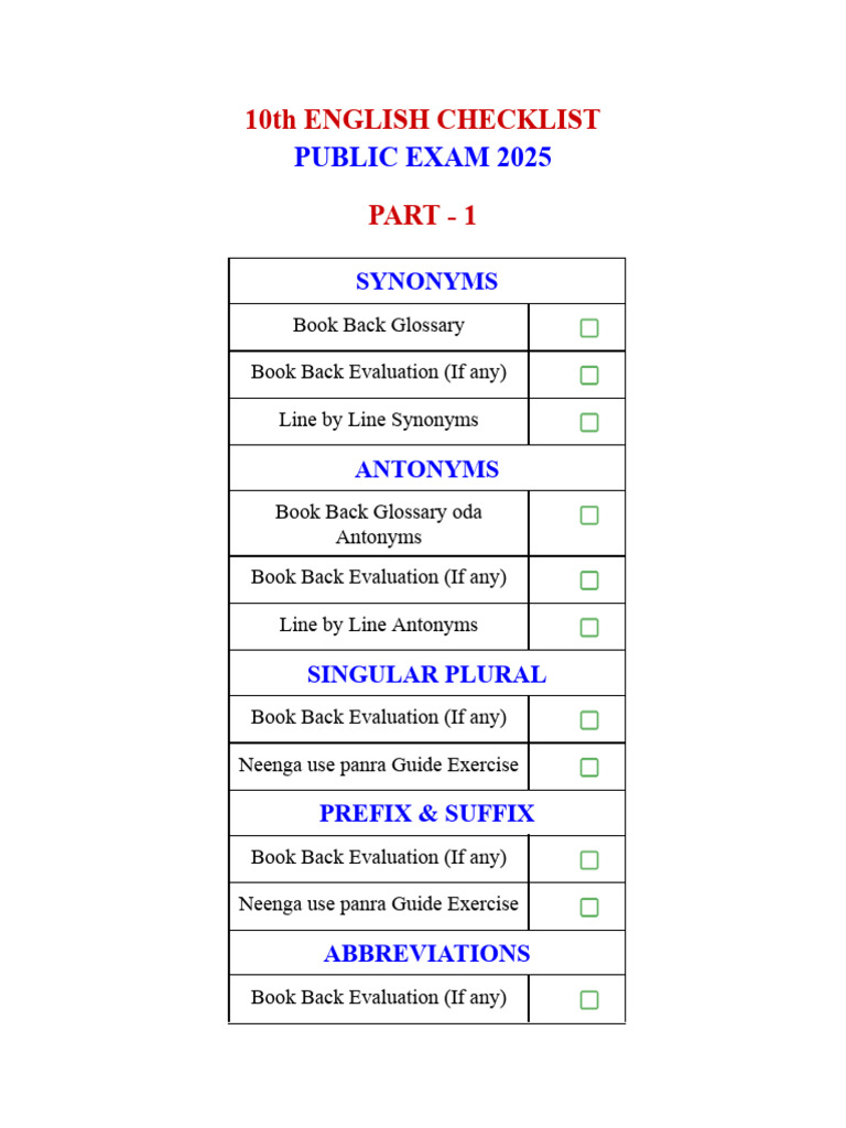 10th English Public Exam Checklist 2025 | PDF | Linguistic Typology ...