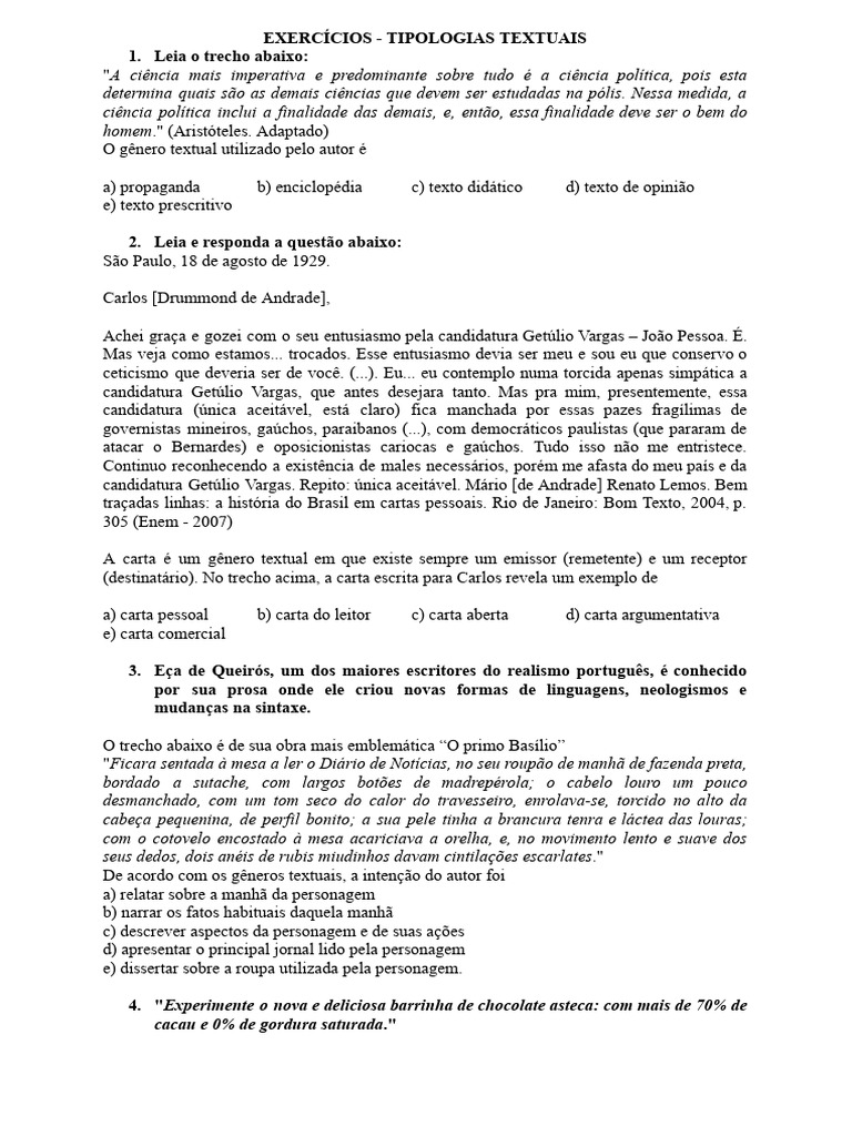 Exercícios sobre Tipologias Textuais | PDF