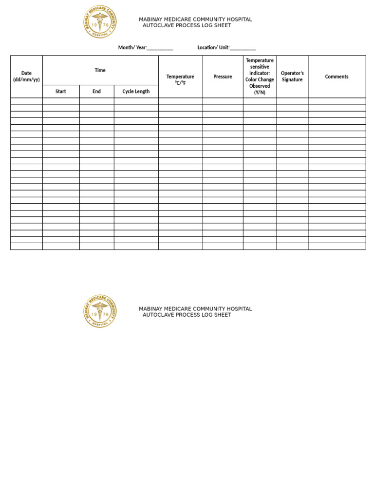 Autoclave Log Sheet | PDF for Free Printable Autoclave Sterilization Log Sheet