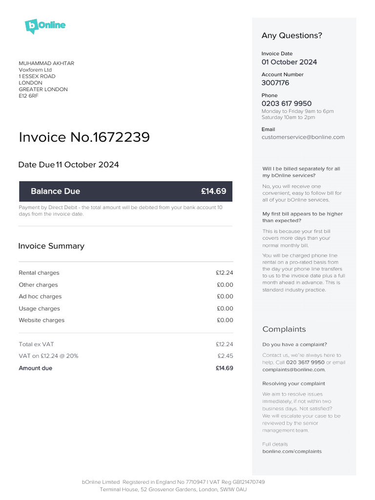 bOnline Limited Invoice Summary | PDF