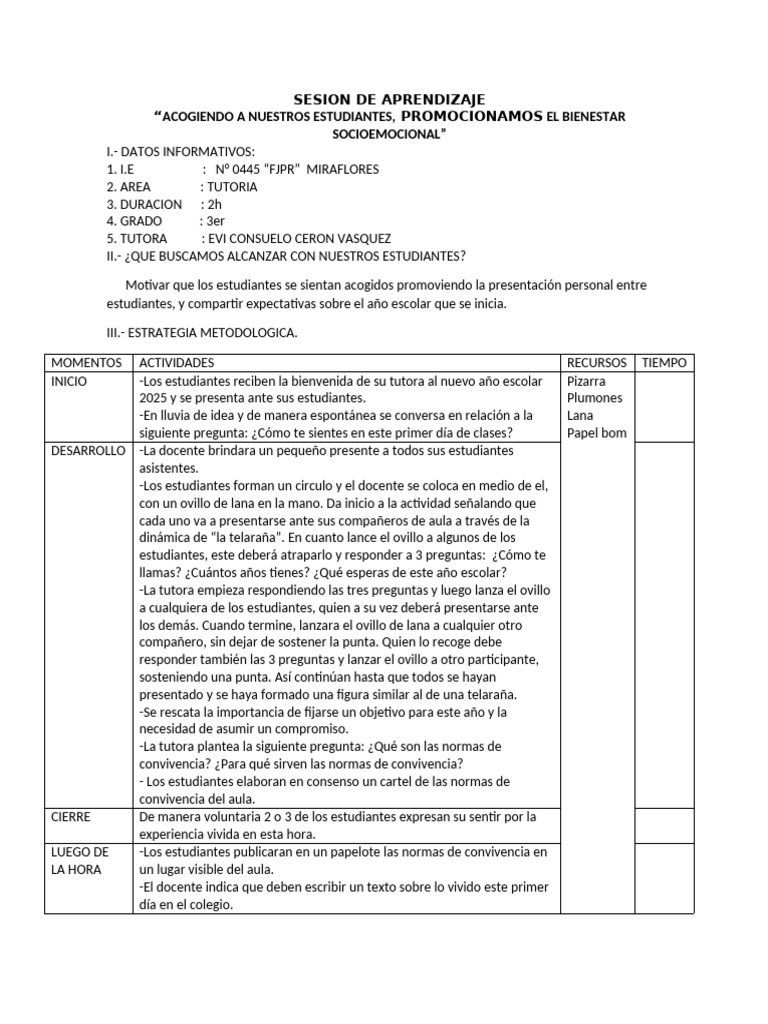 Sesion de Aprendizaje Del Primer Dia de Clase | PDF | Salón de clases ...