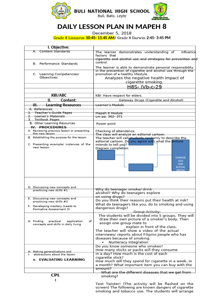MAPEH 8 Daily Lesson Plan on Gateway Drugs | PDF | Learning | Lesson Plan