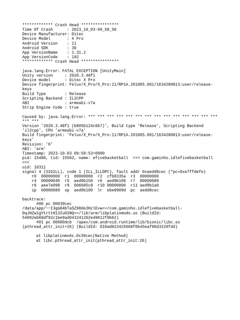Ditec X Pro Crash Report - Unity Error | PDF