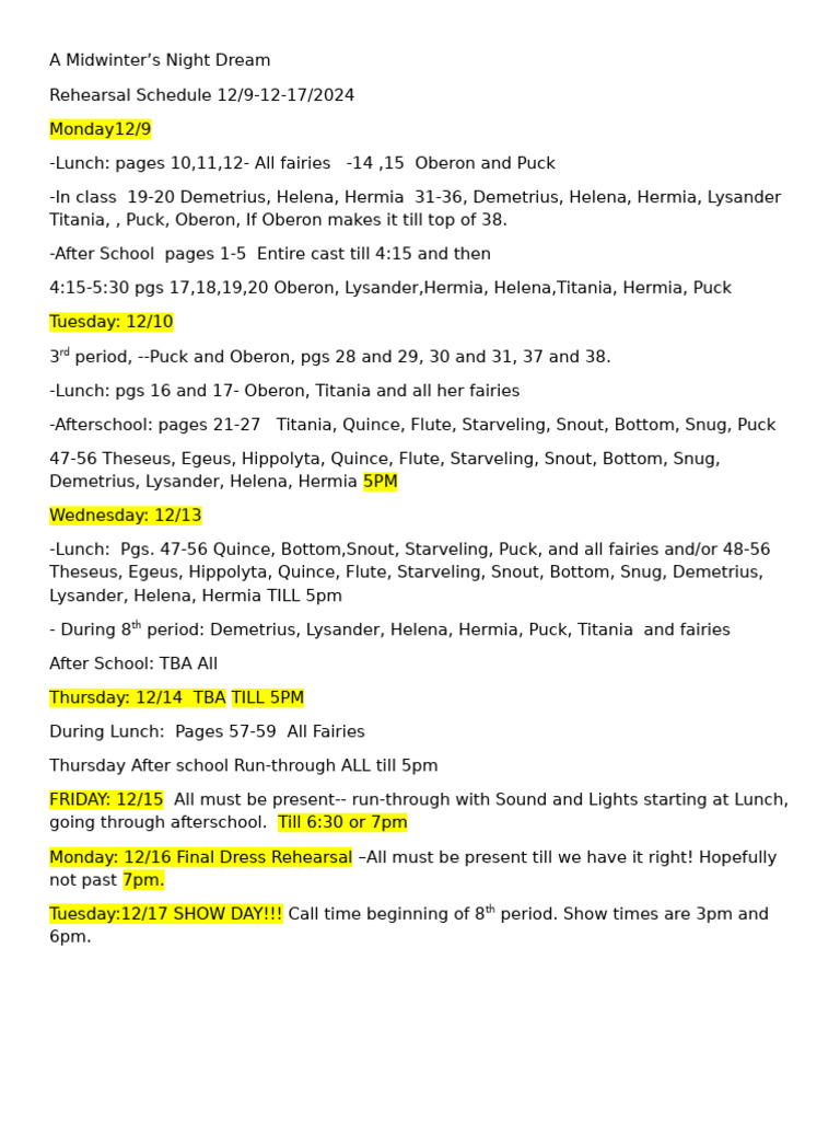 A Midwinter Night's Dream Rehearsal Schedule | PDF