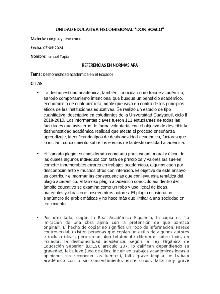 Deshonestidad Académica en Ecuador | PDF | Deshonestidad academica | Plagio