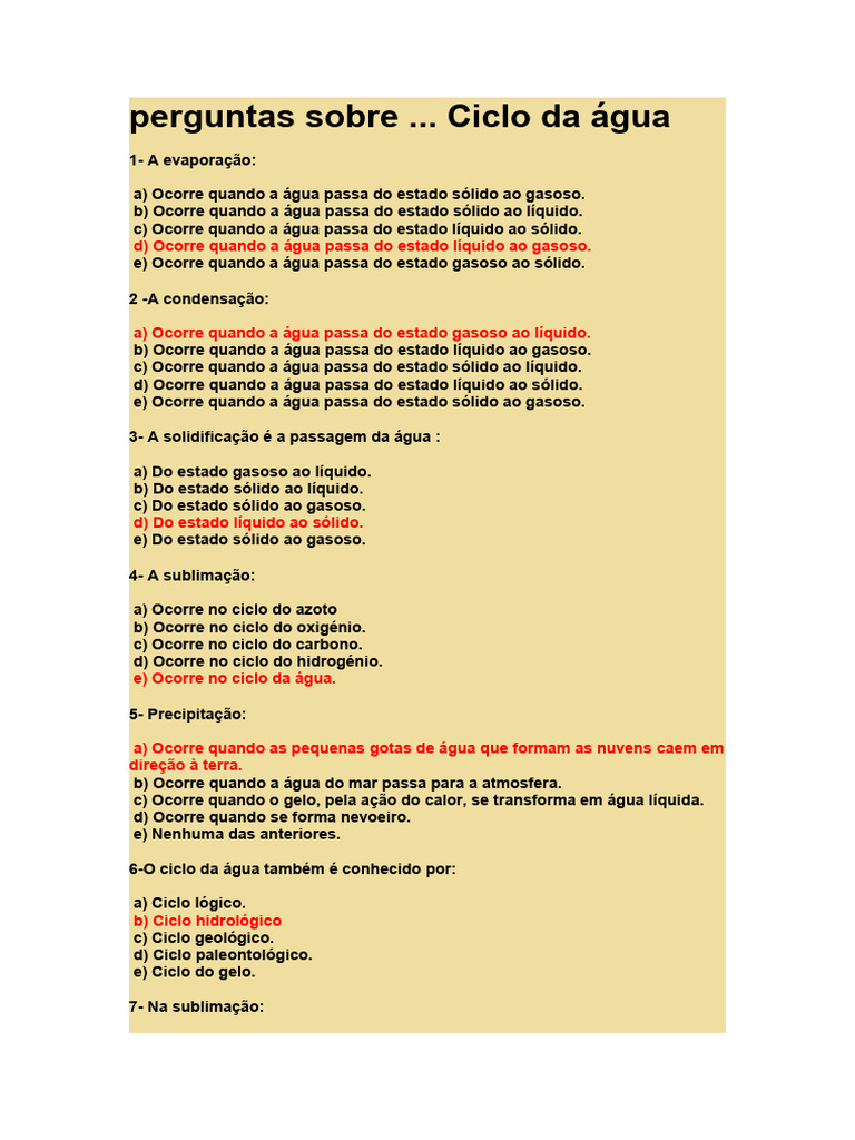 Perguntas sobre o Ciclo da Água | PDF | Ciclo da água | Congelamento