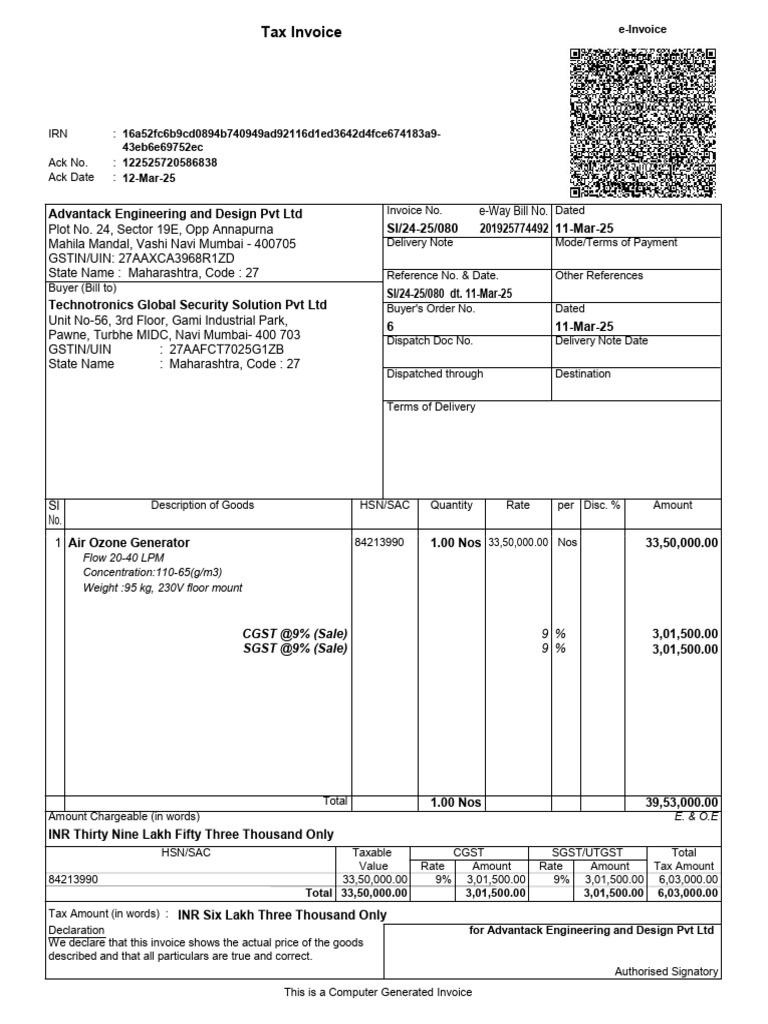 Tax Invoice for Air Ozone Generator | PDF | Public Finance | Taxation