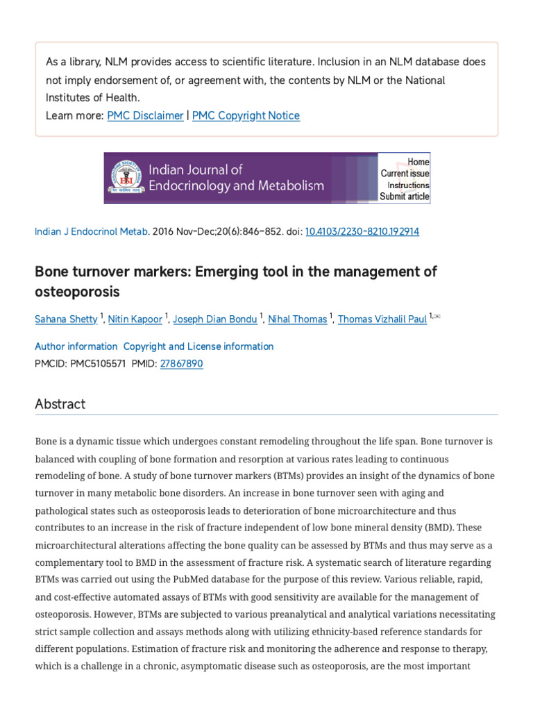 Bone Turnover Markers - Emerging Tool in The Management of Osteoporosis ...