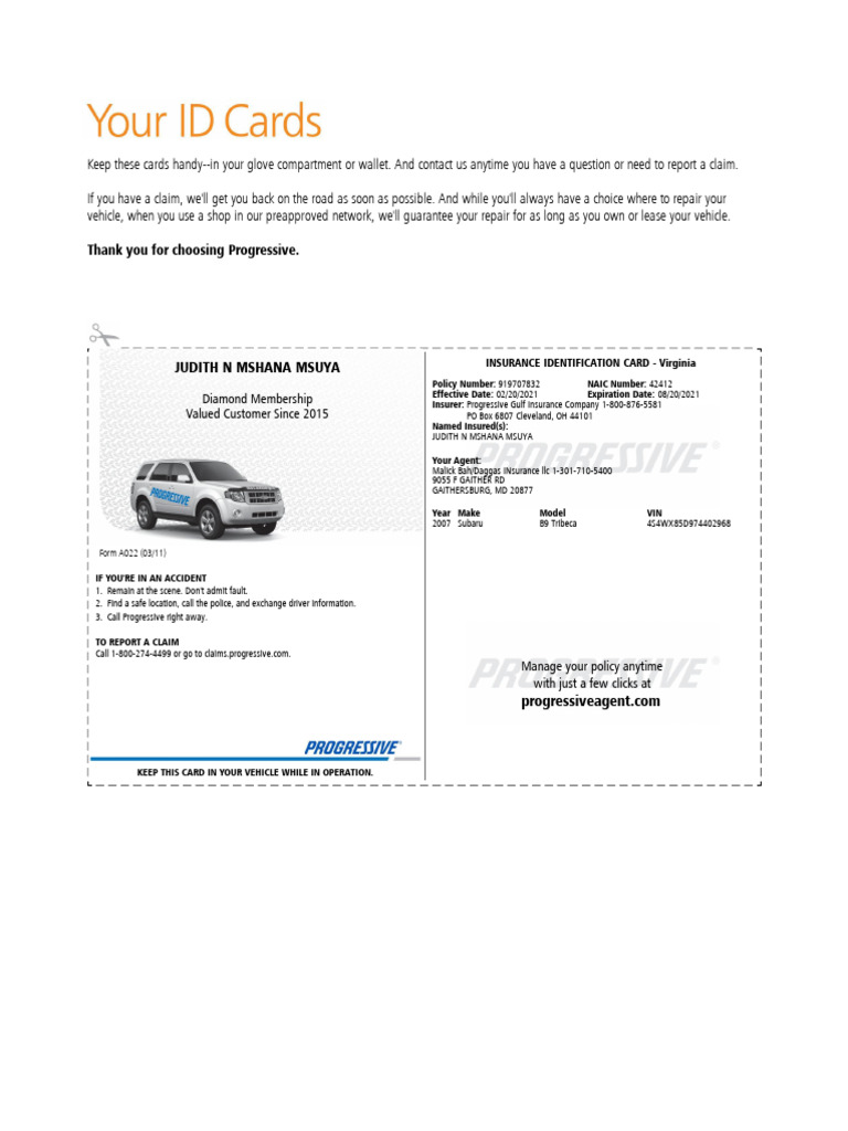 Progressive Insurance ID Card Instructions | PDF | Vehicles