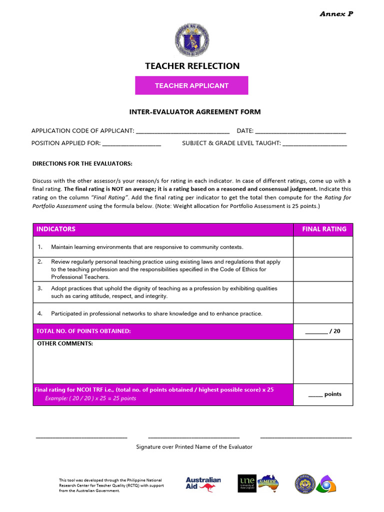 Inter-Evaluator Agreement Form for Teachers | PDF | Teachers | Learning