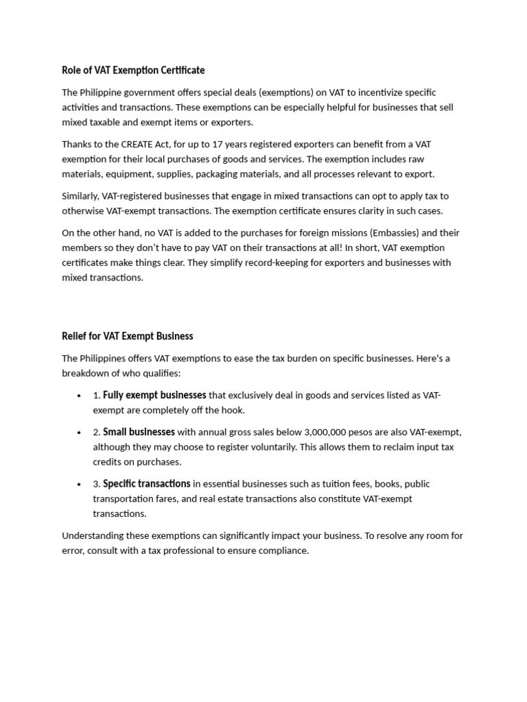 Role of VAT Exemption Certificate | PDF