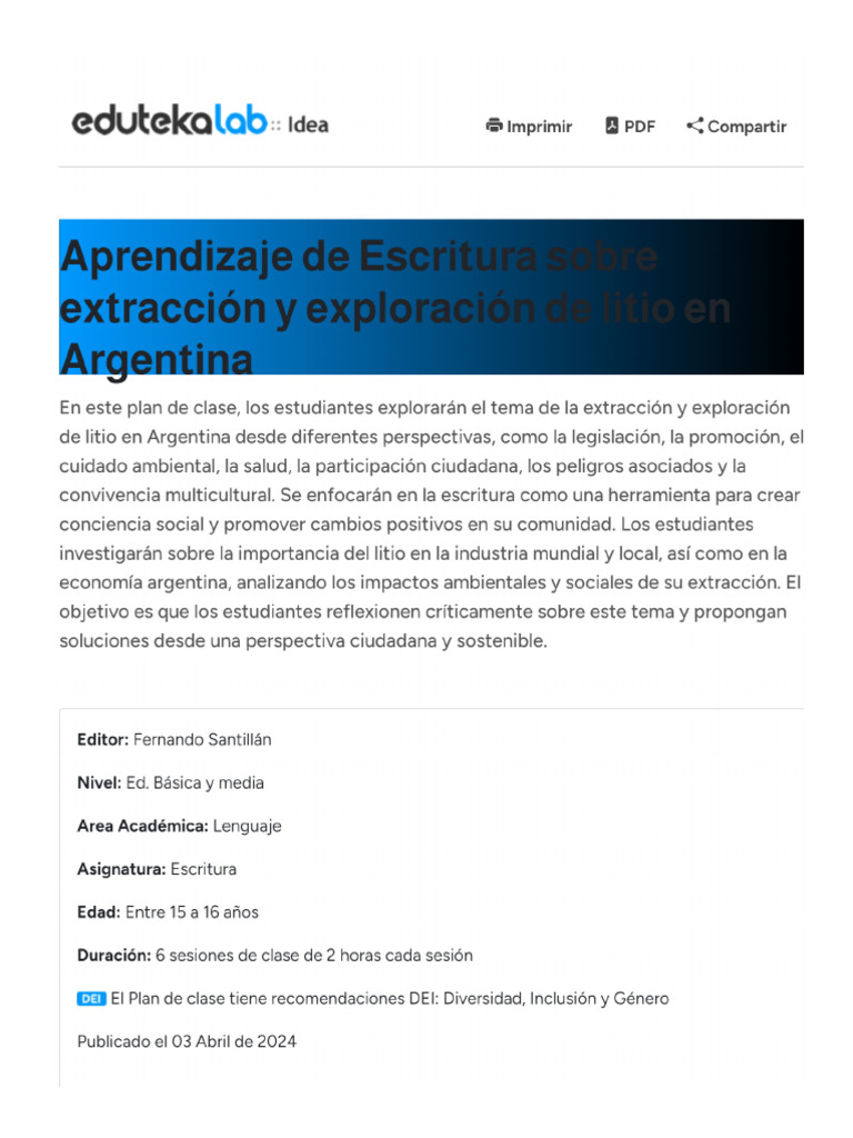 Aprendizaje de Escritura Sobre Extracción Y Exploración de Litio en ...