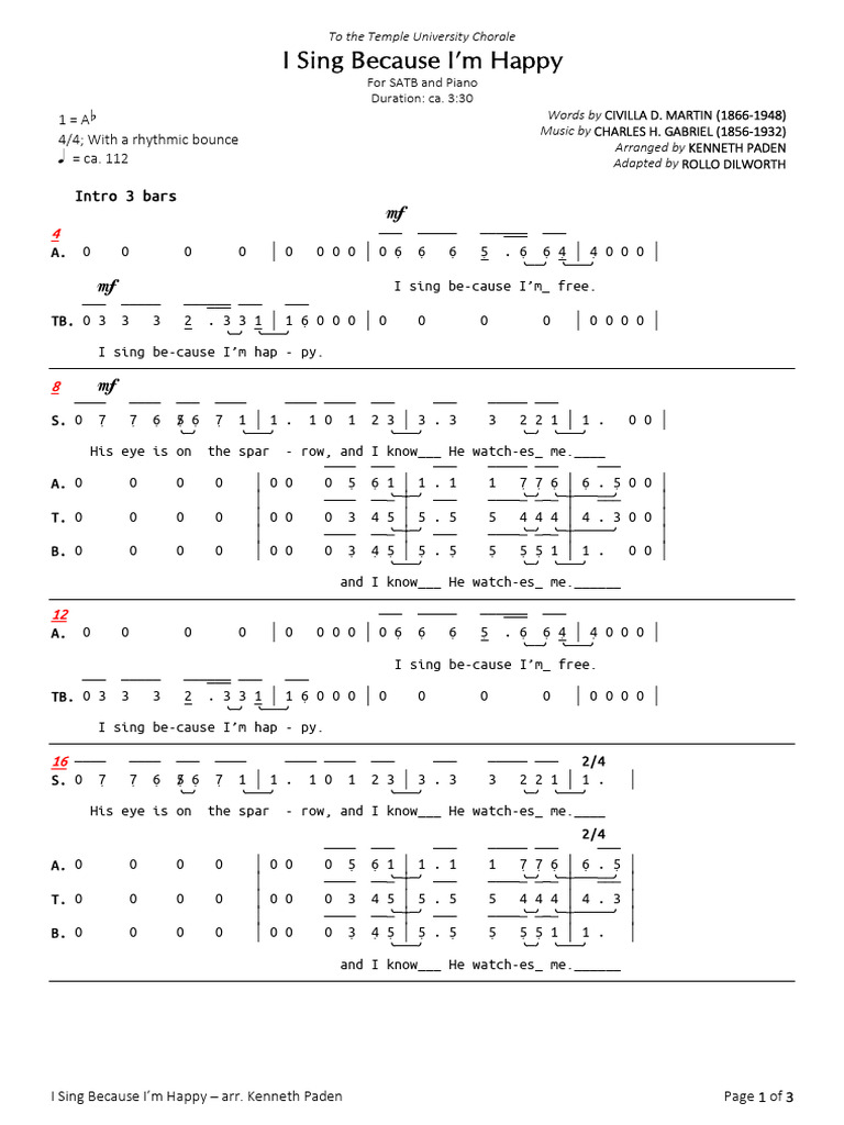 I Sing Because I'm Happy - SATB Arrangement | PDF | Choral Music