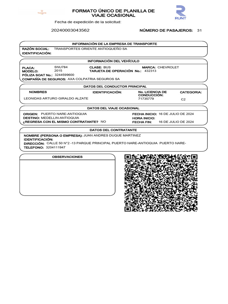 Planilla de Viaje Ocasional 2024 | PDF