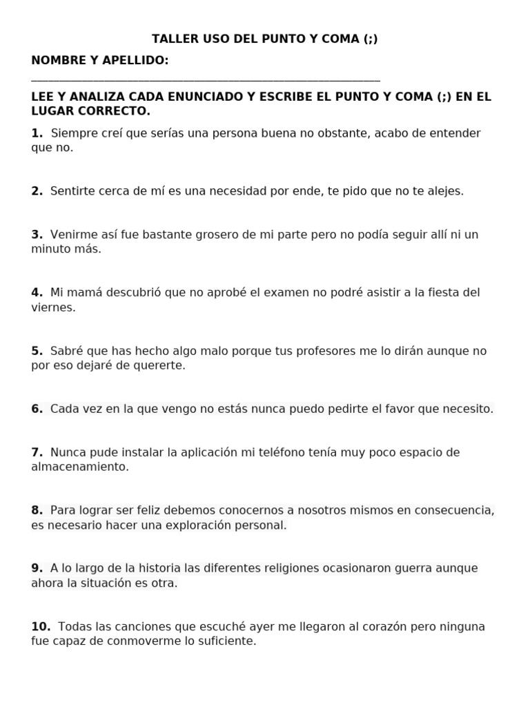 Taller de Uso del Punto y Coma | PDF