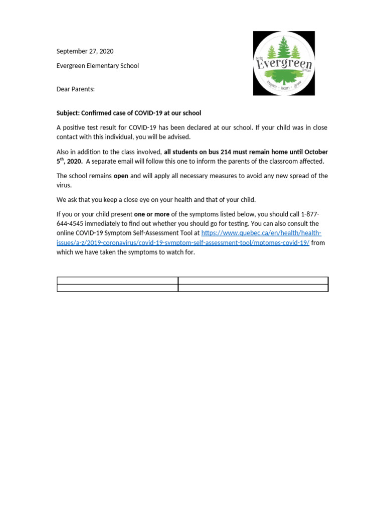 COVID-19 Case Notification at Evergreen School | PDF