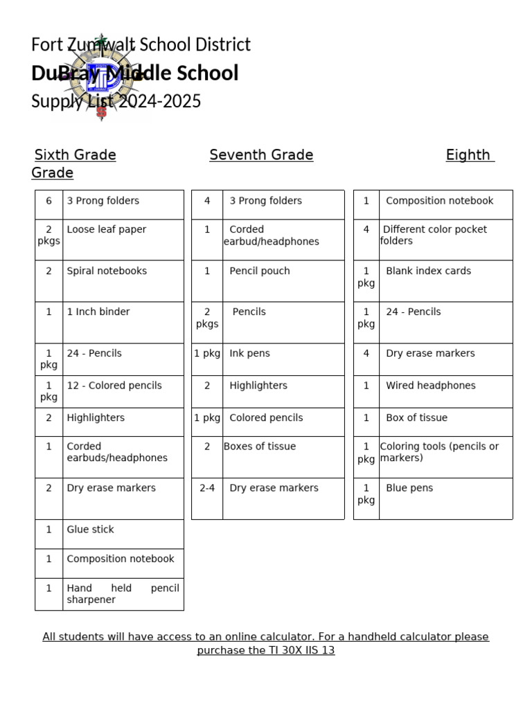 DuBray Middle School Supply List 2024-2025 | PDF