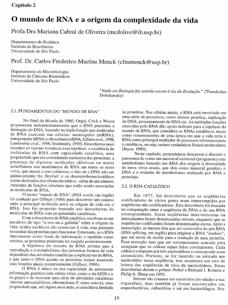 O Mundo Do RNA e A Origem Da Complexidade Da Vida - Matioli | PDF