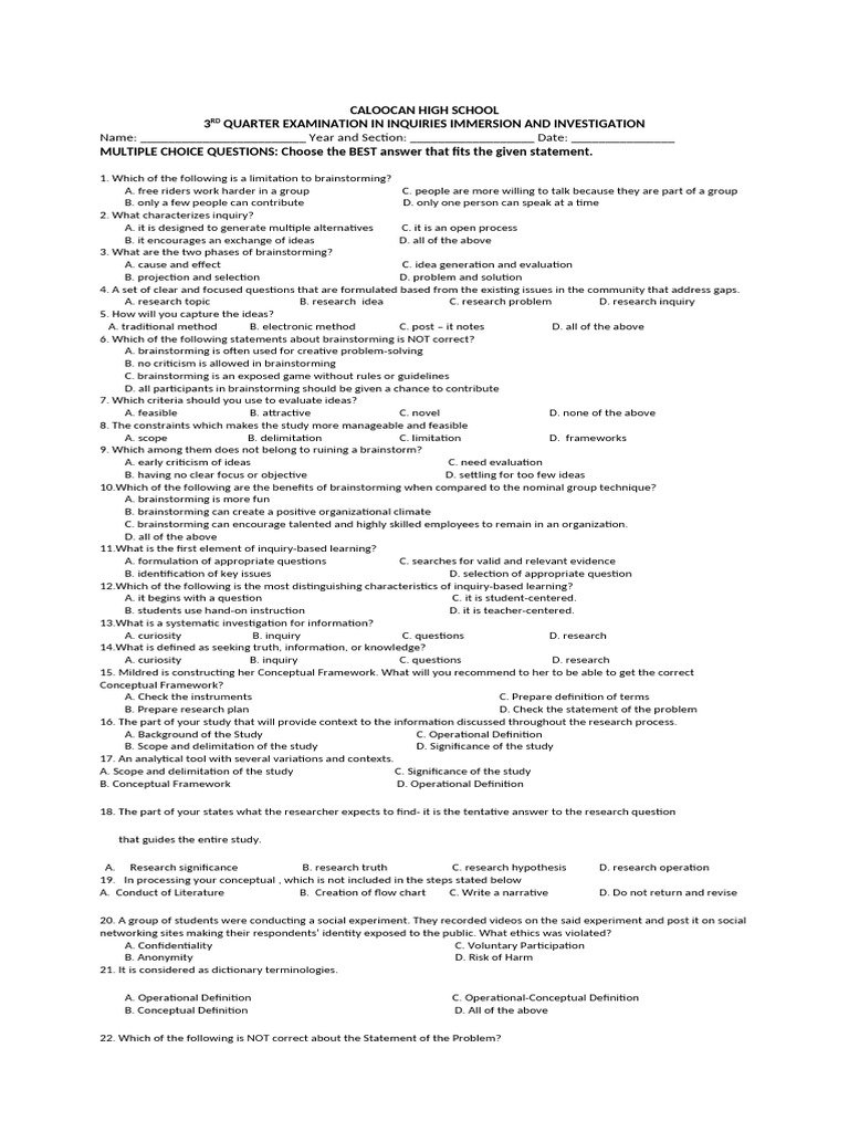 Caloocan High School Inquiry Exam | PDF | Sampling (Statistics ...