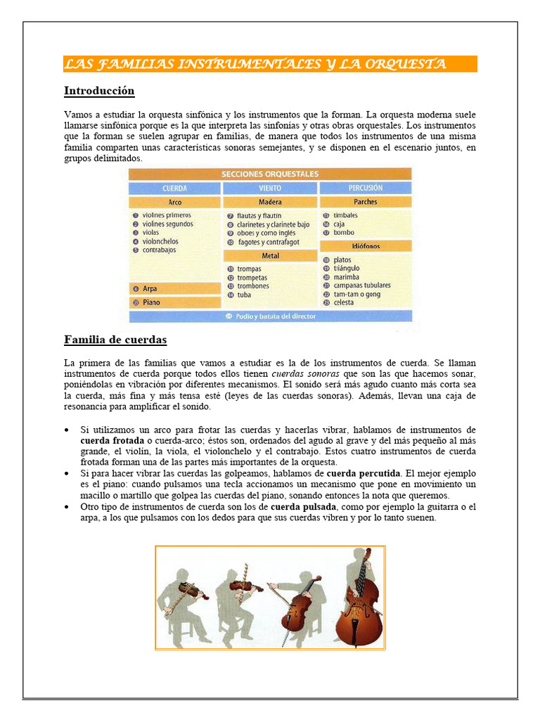 Familias Instrumentales en la Orquesta | PDF | Instrumentos de cuerda ...