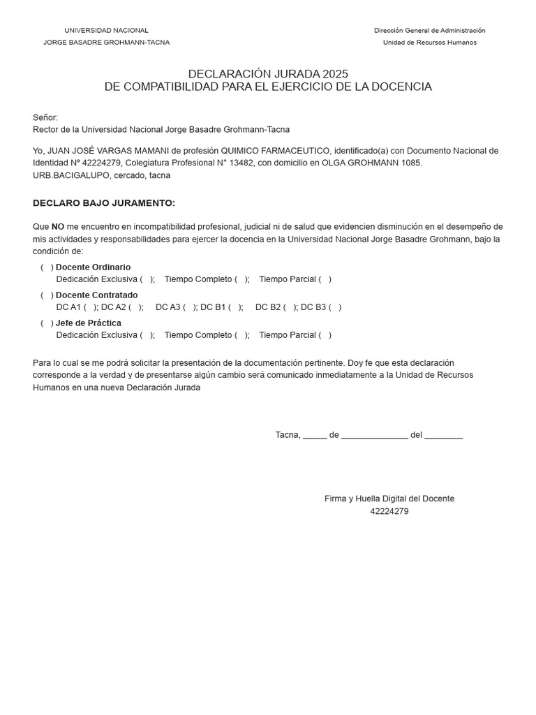 Declaración Jurada de Compatibilidad Docente | PDF
