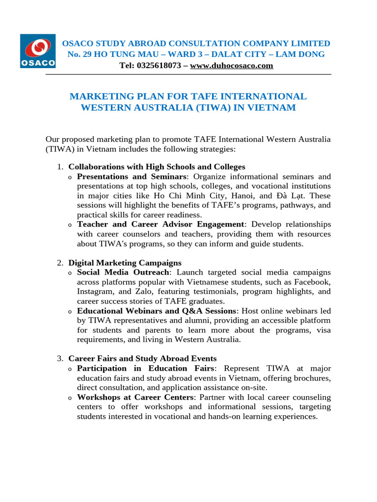 Marketing Plan for TAFE in Vietnam | PDF | Vietnam | International Student