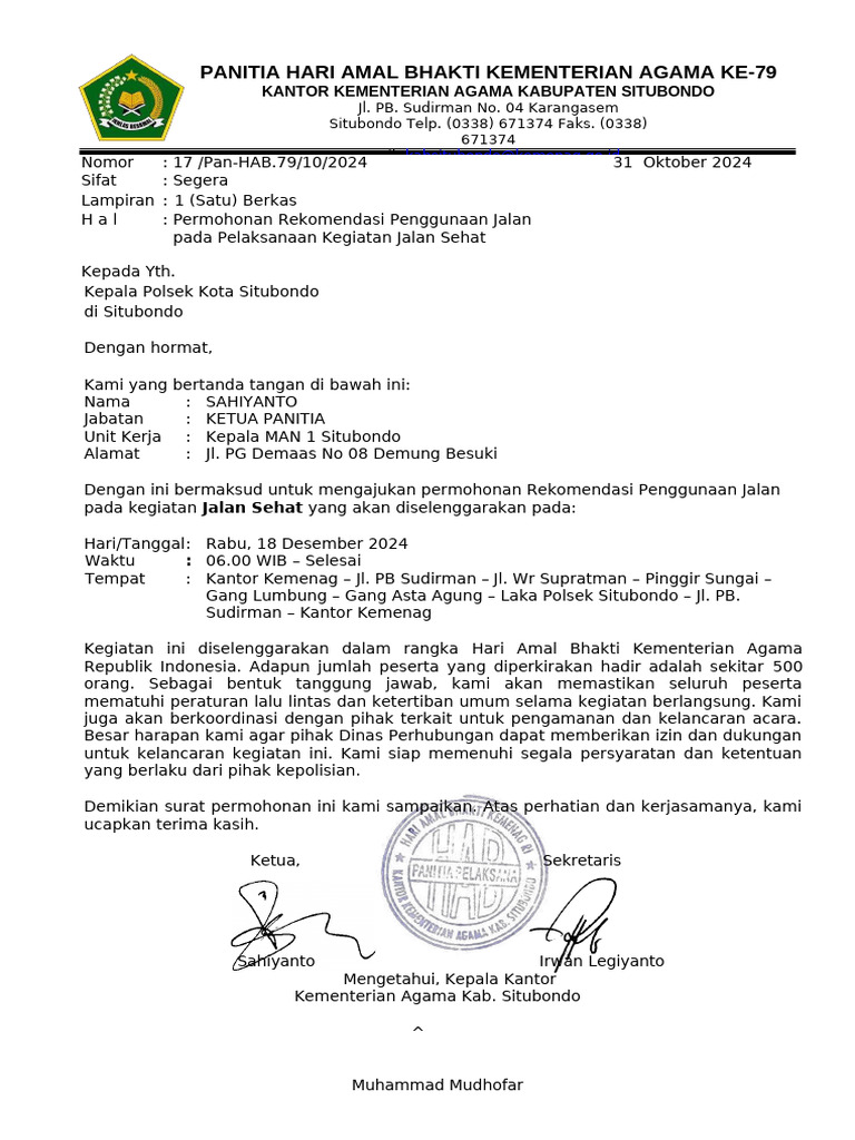 Permohonan Rekom Jalan Sehat Polsek Kota | PDF