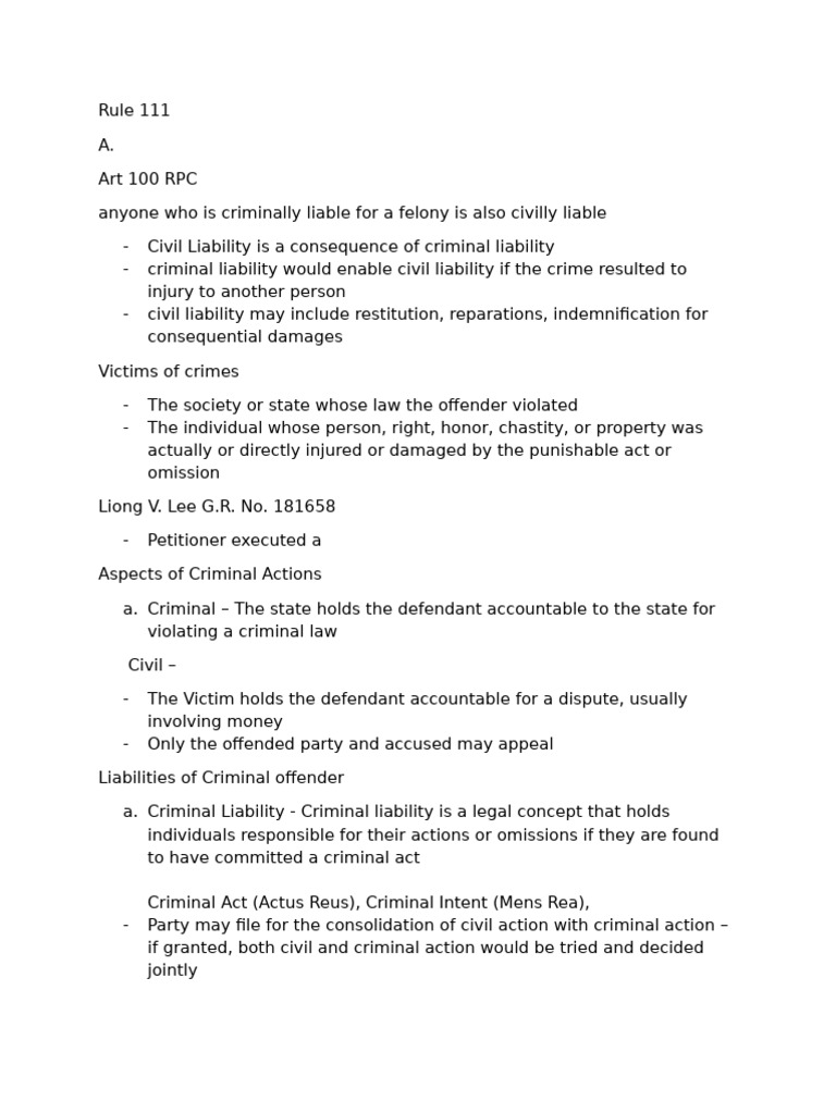Civil and Criminal Liability Overview | PDF | Crimes | Crime & Violence