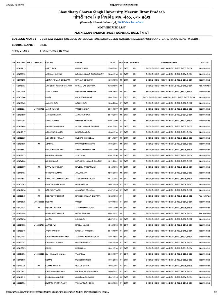 Student Nominal Roll for B.Ed. 1st Sem | PDF