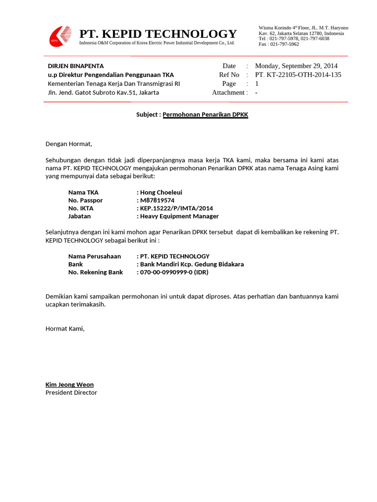 Permohonan Penarikan DPKK TKA KEPID | PDF