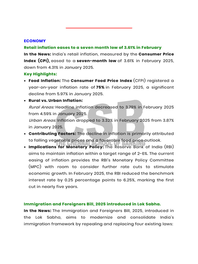 Current Affairs Summary - March 12, 2025 | PDF | Inflation | Travel Visa