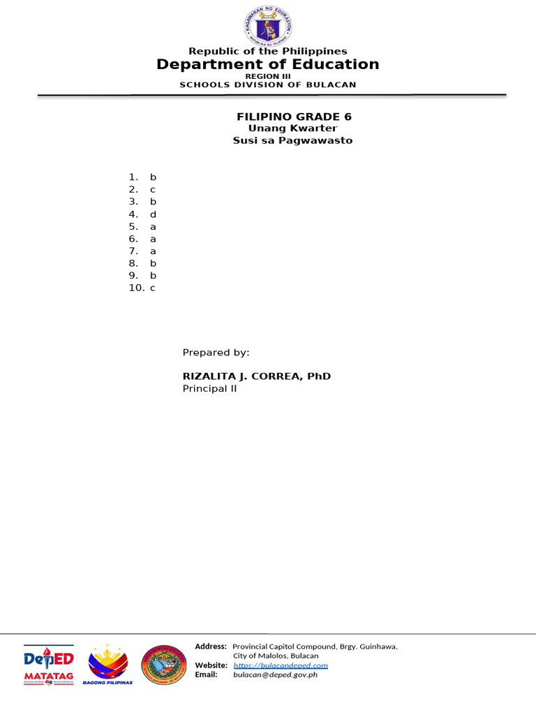 FILIPINO 6 - QUARTER-1-Key To Correction-10 Items - SY 2024-2025 | PDF