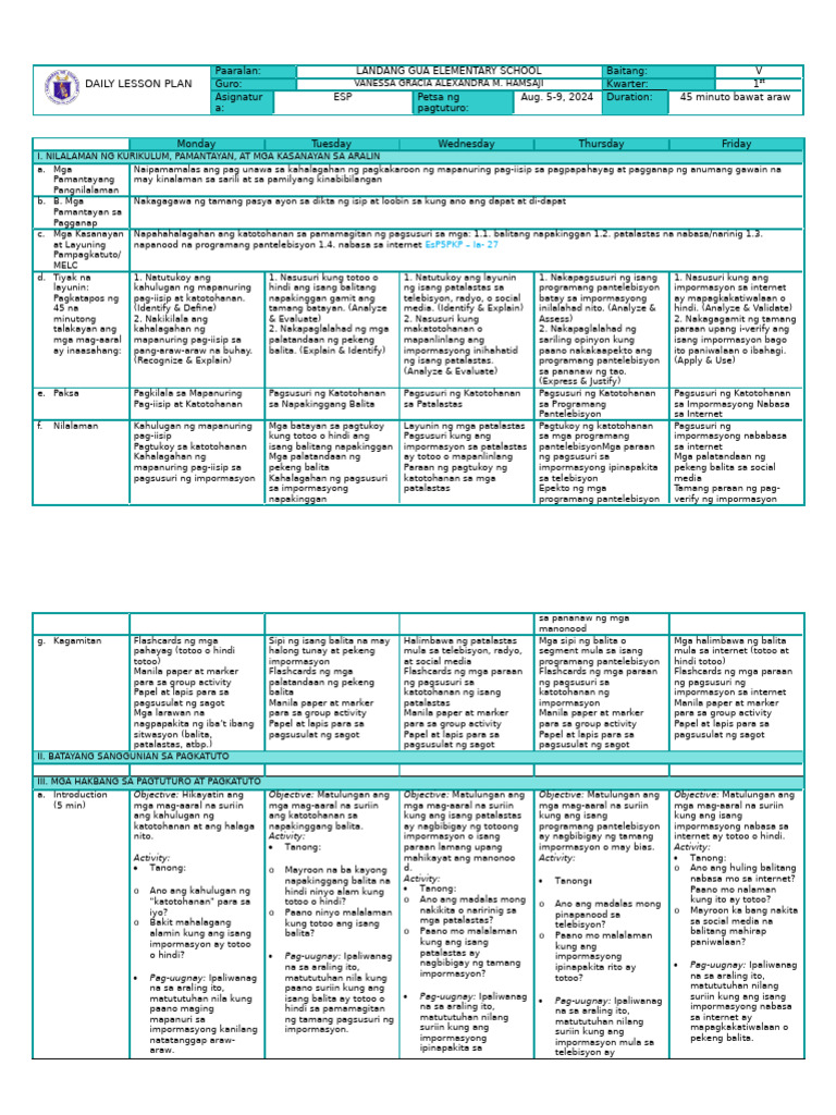 DLL Esp5 Q1 W1 | PDF