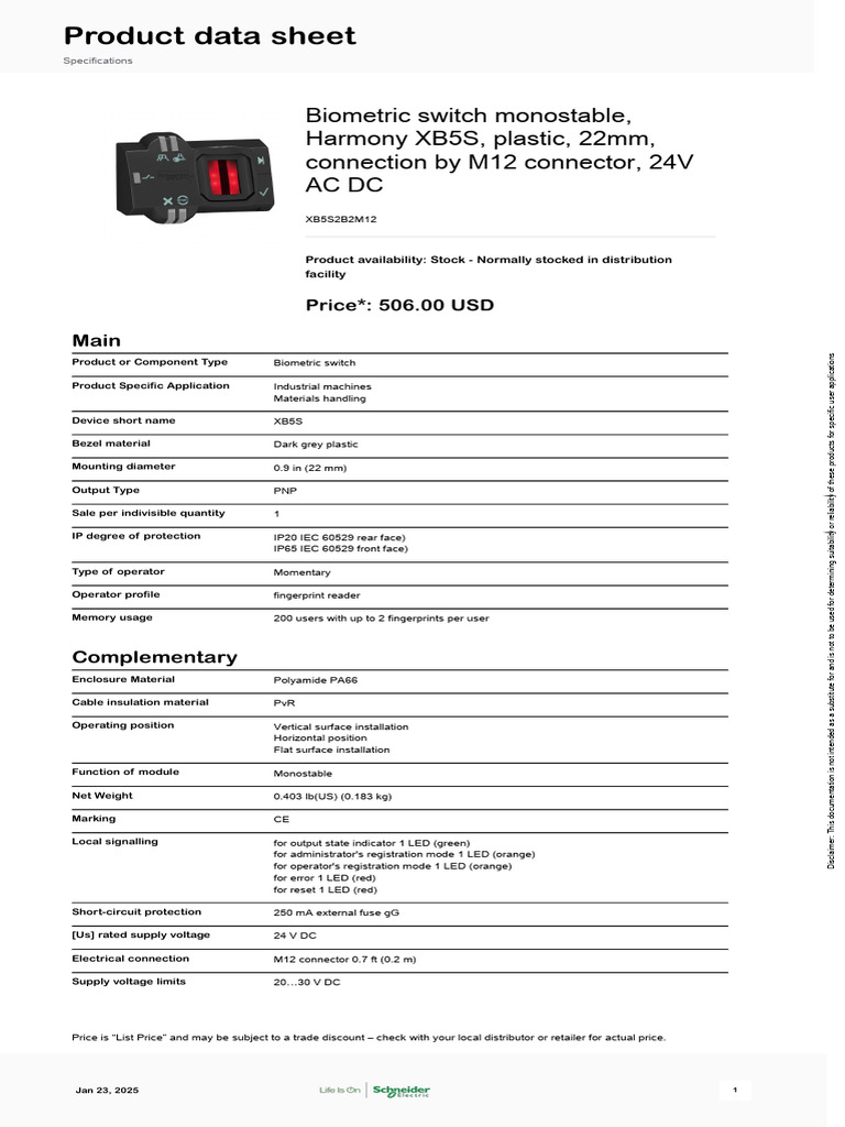 Schneider Electric - Harmony-XB5S-Biometric-Scanner-22-mm-Bezel ...