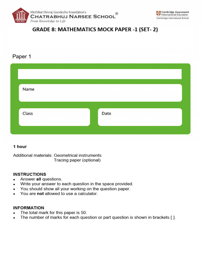 Grade 8 Mathematics Mock Paper 1 | PDF | Speed | Elementary Geometry
