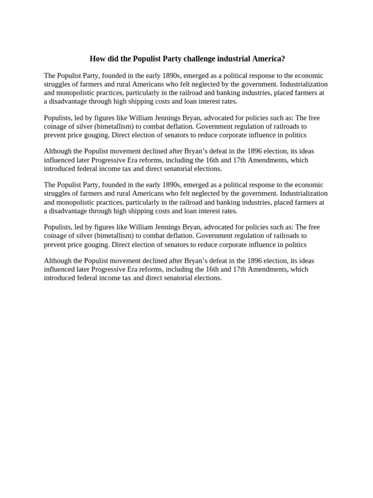 How Did The Populist Party Challenge Industrial America - Test | PDF