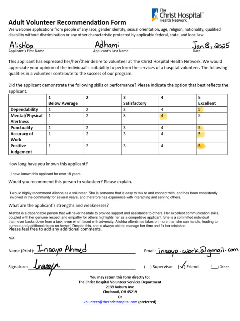 Inaaya Ahmed Volunteer Recommendation Form2 (need 3) | PDF | Social ...