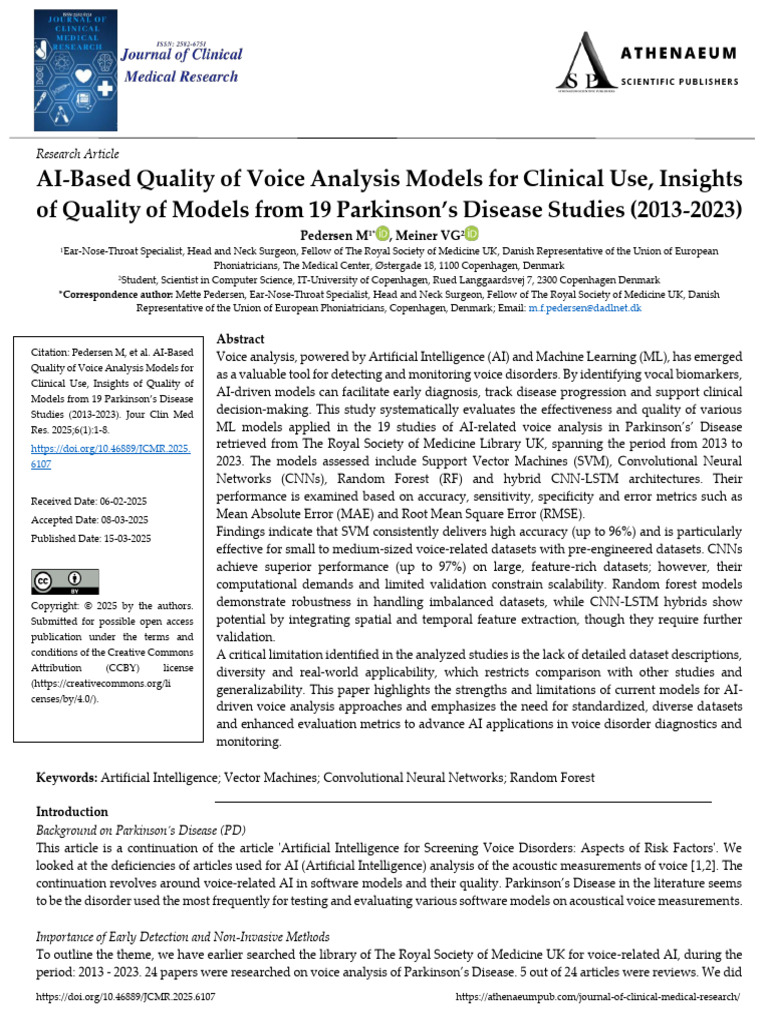 AI Based Quality of Voice Analysis Models For Clinical Use Insights of ...