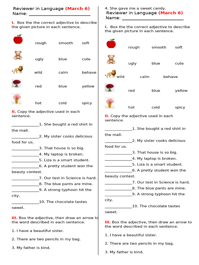 Adjective Review Worksheet for Students | PDF | Syntax | Linguistic ...